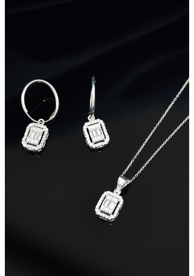 Papatya Silver 925 Ayar Gümüş Rodyum Kaplama Zirkon Baget Taşlı Halka Küpe ve Tepelikli Baget Kare Taş Kolye Set