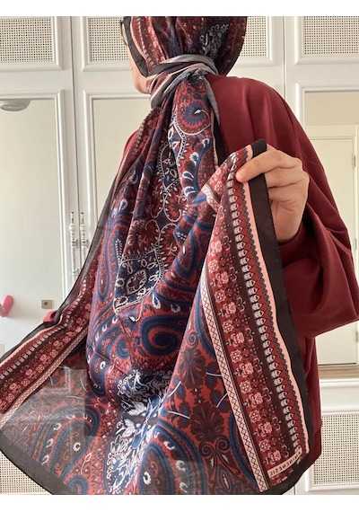 Modakaşmir Aminenesil Etnik Desen Soft Pamuk Şal Lacivert Kırmızı Renk K.lacivert