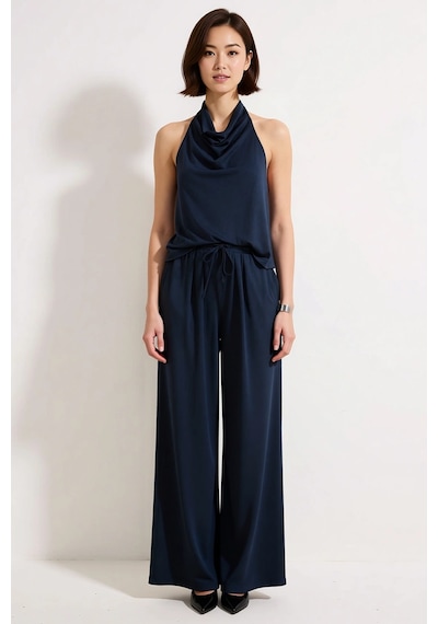 Benerly Kadın Kolsuz Degaje Yaka Geniş Paça Pike Örme Takım Modal Polyest siyah