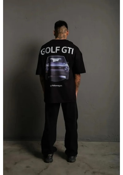 Modi Green Baskılı Erkek Siyah Golf Gtı Retro Araba Desenli, Ön - Arka Dij