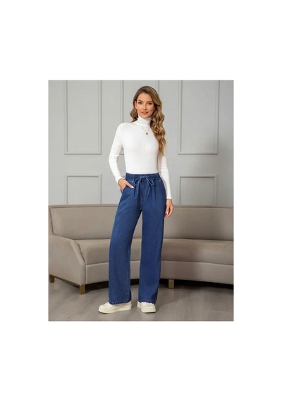 Kadın Mavi Beli Lastikli, Bagcıklı, Cepli, Bol Paça, Palazzo Kot Pantolon - Tesettüre Uygun