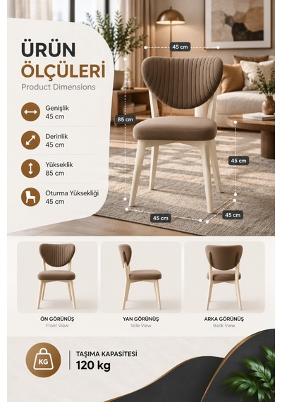 2'li Elma Model Sandalye Kahve Kumaş Bej Metal Ayaklı Modern Mutfak Ve Salon Sandalyesi Antrasit