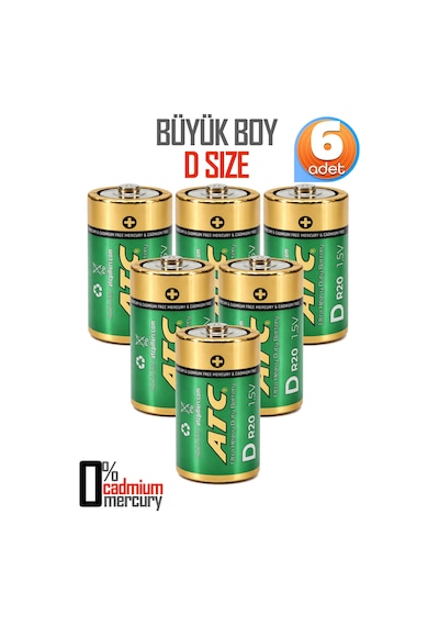 Atc 6lı Büyük Boy Pil R20 D-size Pil D Boy Pil Oyuncak Pili Çinko Karbon Pil Zn-c 1.5 V