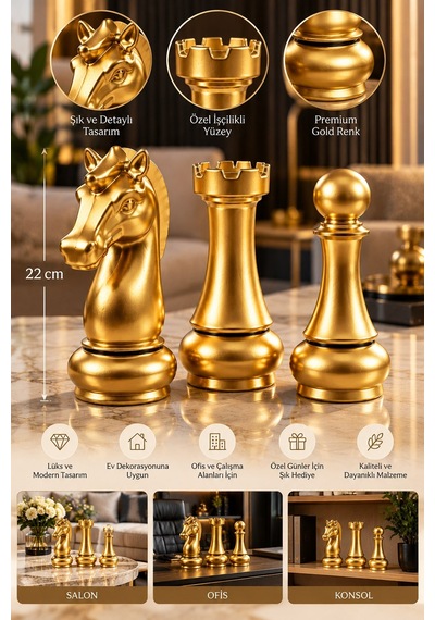 3 Lü Gold Satranç Taşı Dekoratif Biblo Seti 22 Cm Lüks Modern Ev Ve Ofis Dekoru