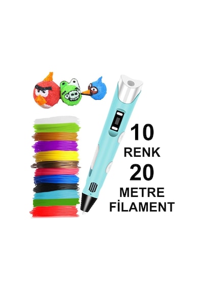 Mavi 3d Kalem Yazıcı+10 Renk 20 Metre 10x2metre Pla Filament