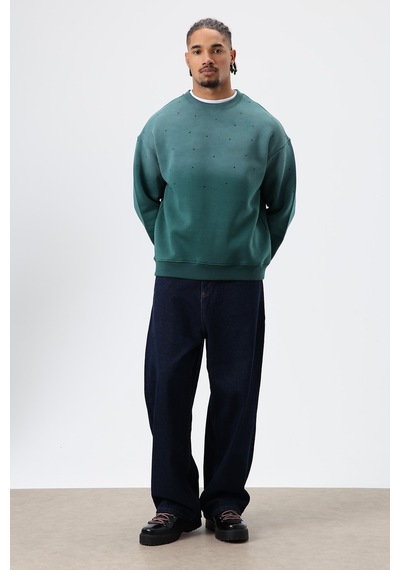Vamos Yıkamalı Taş Detaylı Oversize Sweatshirt Nefti