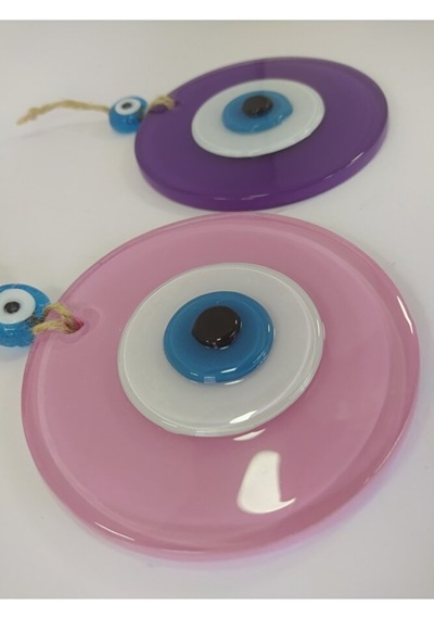 Ikili Set Opak Toz Pembe Ve Mor Nazar Boncuğu 10 Cm El Yapımı Cam