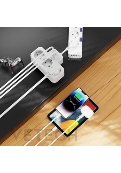 Akım Korumalı Grup Priz Duvar Tipi 3x Priz, 2x Type-c, 1x Usb Port Çıkışlı Çoklu Priz Beyaz 0
