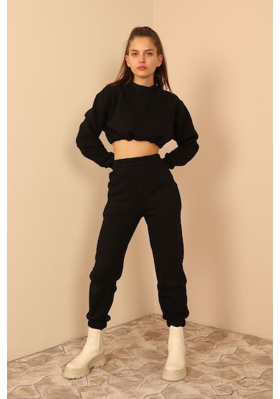 Kaktüs Moda Şardonlu 3 Iplik Kumaş Uzun Kol Kadın Sweatshirt Siya