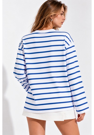 Wild Bee Kadın Saks Mavi Beyaz Çizgili Pamuklu Bisiklet Yaka Oversize Bluz