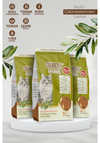 Olivacat Zeytin Çekirdeğinden Üretilen Aktif Karbonlu Tozsuz Doğal Kedi Kumu 3 x 8 L