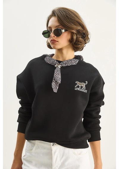 Shade Kadın Fular Detaylı Leopar Nakışlı Üç İplik Şardonlu Oversize Sweatshirt 6917 60283616 - Siyah