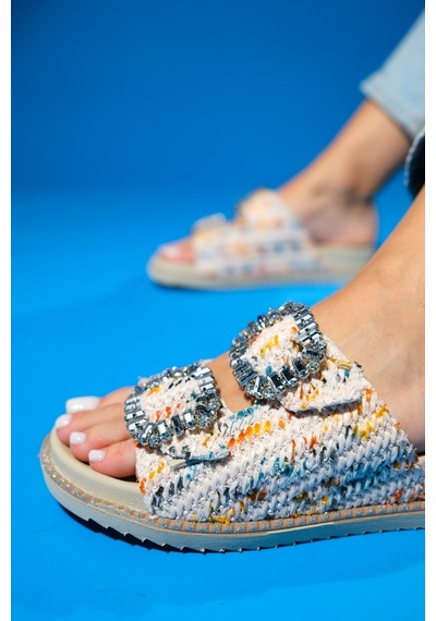 Luvishoes Dungeon Beyaz Renkli Tüvit Çift Bantlı Taş Tokalı Kadın Terlik Çok Renkli