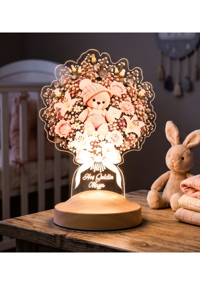 Yeni Doğan Kız Bebek Hediyesi Pembe Ayıcık Işıklı Çiçek Buketi Led Lamba - Kişiye Özel Kız Hoş Geldin Bebek Hediyesi