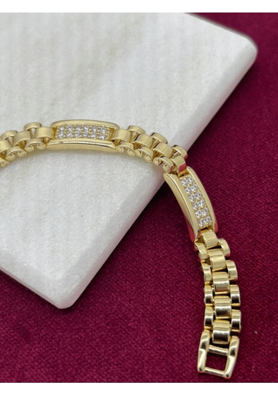 14 K Renginde Minik Taşlarla Kaplı 3 Dikdörtgen Şekilli Gold Bileklik Gold