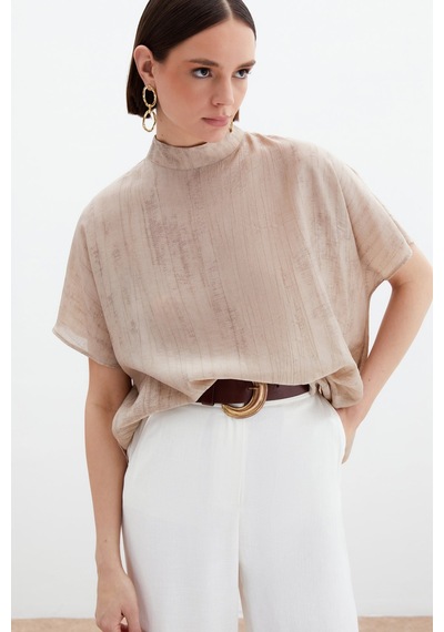 Sateen Desenli Salaş Bluz - Bej-136031 Bej