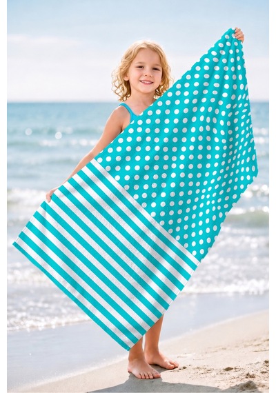 Puantiyeli Çizgili Turkuaz Beyaz Plaj Havlusu - Marine Modern Mikrofiber Hızlı Kuruyan Havlu Bulut Leylak