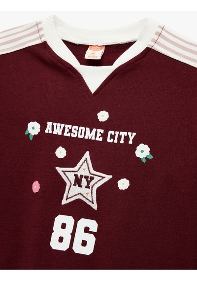 Koton Şardonlu Pamuklu Uzun Kollu Renk Kontrastlı V Yaka Baskılı Sweatshirt Bordo 6wmg10084ak Bordo
