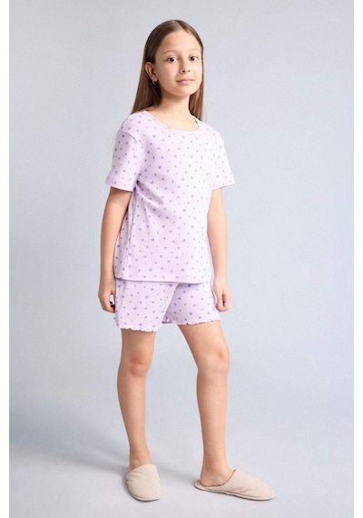 Defacto Regular Fıt Fitilli Kaşkorse Şort Tişört 2li Pijama Takımı Kız Çocuk H8104a826smpr67 Mor-pr67