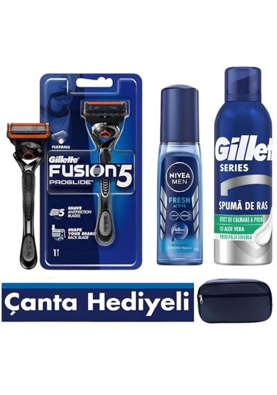 Gillette Fusion Proglide Flexball Makine + 5 Yedek Bıçak , Men Deodorant , Köpük , Seyahat Çantası Hediye