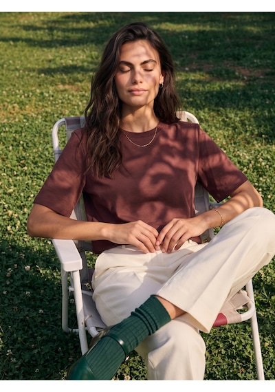 Onloox Kadın Koyu Kızıl Kahve Koyu Kızıl Kahve Pamuklu Bisiklet Yaka Basic Form Vatka Detaylı Kısa Kollu T-shirt