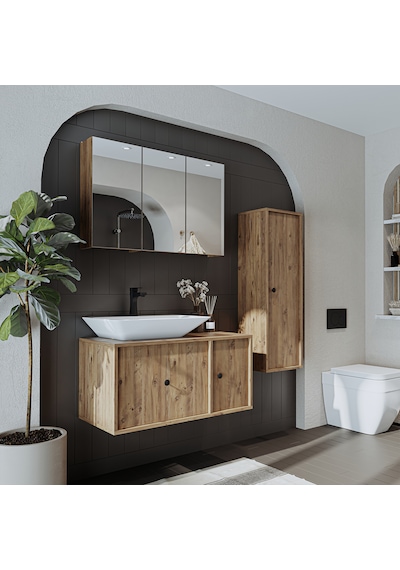 Lavabolu Mat Mdf 90 Cm Çekmeceli Banyo Dolabı + Aynalı Üst Dolabı Atlantik Çam