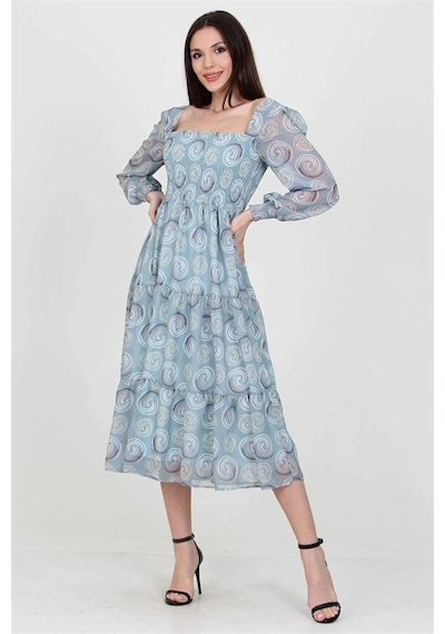 Neşeli Butik Kadın Mint Gipeli Kare Yaka Desenli Şifon Elbise Nb100361 Mint