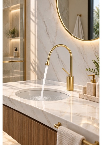 Alfas Mat Gold Banyo Lavabo Bataryası 360 Döner Pirinç Banyo Tezgah Üstü 360 Döner Batarya