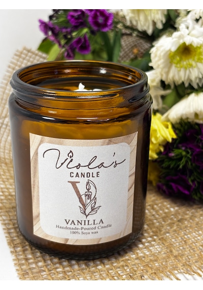 Violas Candle Amber Renk Cam Kavanoz Vanilya Kokulu %100 Soya Wax Mum Beyaz