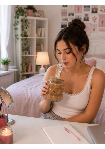 300 Ml Üzüm Model Bambu Kapaklı Cam Pipetli Bardak Şeffaf