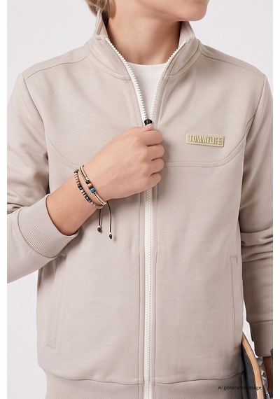 TOMMYLIFE Bej Standart Fit Basic Dik Yaka Jogger Erkek Çocuk Eşofman Takım - 11327