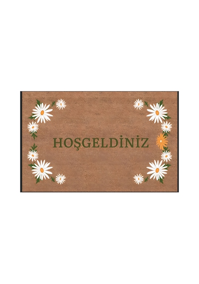 Kapı Önü Paspası Kaymaz Ağır Tabanlı Kenar Papatya Hoş Geldiniz Desen Dekoratif , Kolay Temizlenir 45x70 Cm Kod T11 Kahverengi