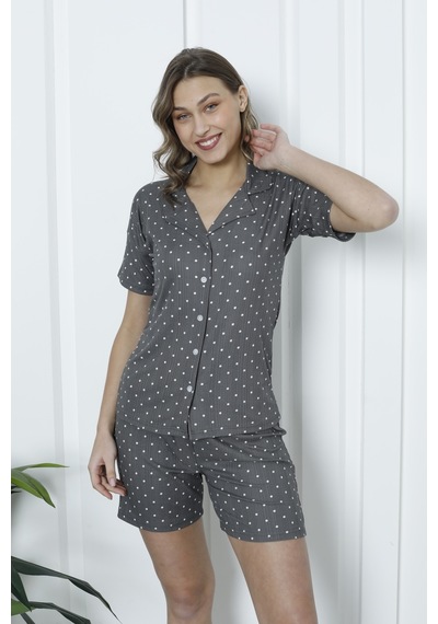 Wordex Mirano 1201 Pegasus Kumaş Düğmeli Şortlu Likralı Kadın Pijama Takımı Füme