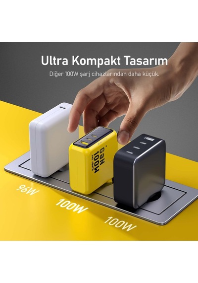 Youth 3 Portlu 100w Şarj Adaptörü İle Led Ekranlı 140w Hızlı Şarj Kablosu Seti, Gan Teknolojisi, Usb-c Ve Usb-a U