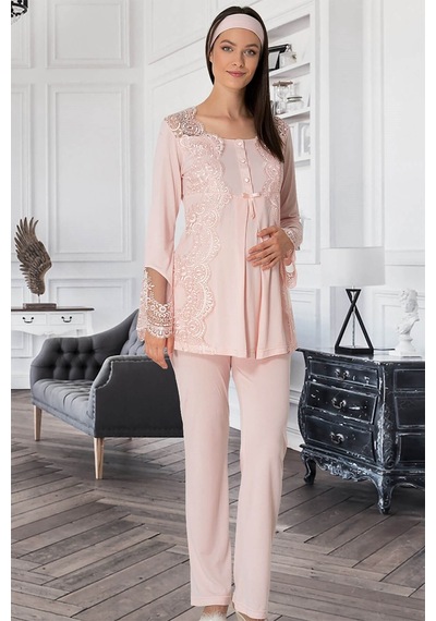 Mecit Pijama Lohusasepeti 5015 Sandra Dantelli Yaka Lohusa Pijama Takımı Turkuaz 001