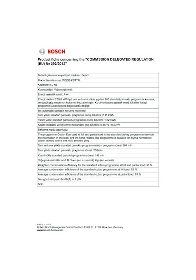 Bosch WQG2410TTR 9 KG Isı Pompalı Çamaşır Kurutma Makinesi
