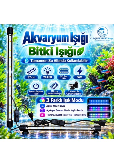 Akvaryum Işığı - Balık Işığı - Bitki Işığı - 37 Cm - 24 Led - Tamamen Su İçinde Kullanılabilir - 3 Modlu - 5w - Mükemmel Işık