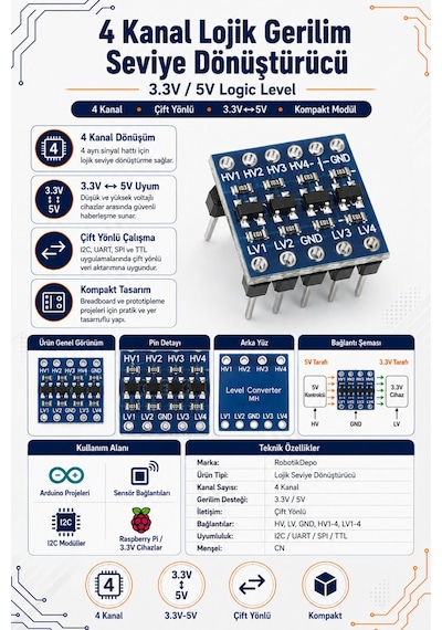 4 Kanal Lojik Gerilim Seviye Dönüştürücü 3.3v-5v Logic Level
