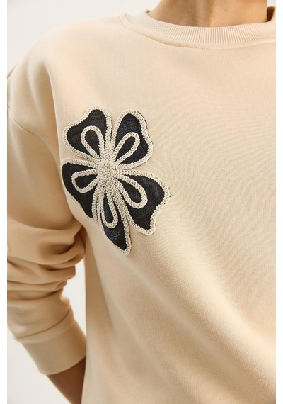 Shade Kadın Bisiklet Yaka Çiçek Nakışlı Üç İplik Şardonlu Sweatshirt 60601045 - Bej