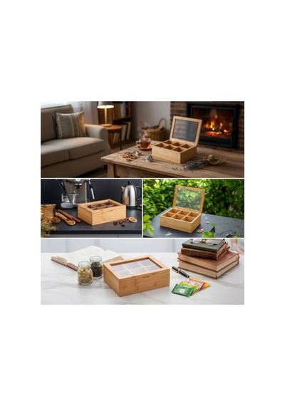 Deconox Bambu 6 Bölmeli Çay Kutusu  Bambu Mıknatıslı Kapak 21x16,5 X7cm 0