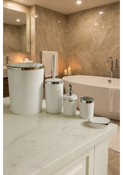 Makri Home Banyo Seti 5'li, Yuvarlak, Akrilik-çöp Kovası, Wc Fırçalık, Sıvı Sabunluk, Diş Fırçalık, El Sabunluk Beyaz