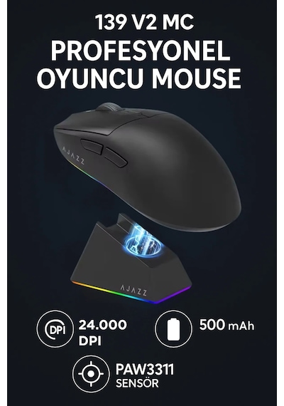 Aj139 V2 Mc 24.000 Dpı Paw3311 Ultra Hafif 3 Modlu Oyuncu Mouse - 500mah Batarya Diğer