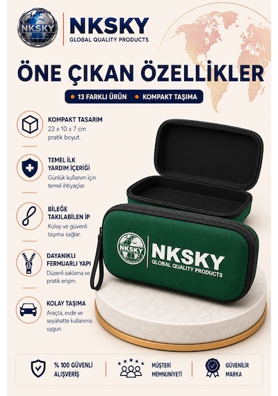 Nksky 36 Parça İlk Yardım Çantası, Yeşil Eva Çantalı İlk Yardım Seti, Bileğe Takılabilir Taşıma İpli Ecza Çantası