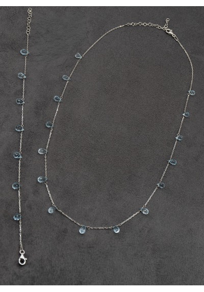 Doğan Diamond 925 Ayar Gümüş Doğal Mavi Topaz Taşlı Kadın Kolye Takı Seti-kuvars Gümüş