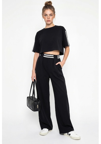 Shade Kadın Çizgi Detaylı Crop Bluzlu Yüksek Bel Modal Takım 4136 60286285 - Siyah