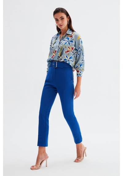 Sateen Yüksek Bel Kemerli Pantolon - İndigo-132324 İndigo