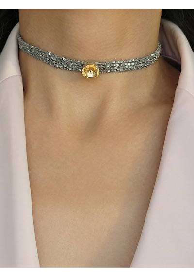 Kordon Zincir Örme Kristal Taşlı El Yapımı Choker Tasma Sarı Silver Renk Kolye
