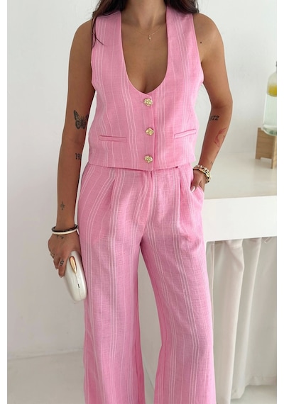 Asprin Fashion Çizgili Kumaş Yelek Takım Pembe Pembe