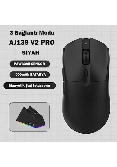 Ajazz Aj139 V2 Mc Mouse 3 Farklı Bağlantı Modu-rgb Manyetik Şarj İstasyonlu-paw 3311 Sensör-500 Mah Batarya-66 Gram Siyah