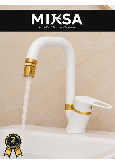 Lüx Beyaz-gold Köşe Borulu Oynar Başlıklı Perlatörlü Banyo Lavabo Bataryası, Çiftsugirişli